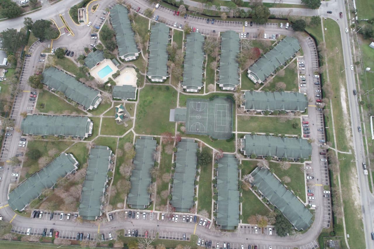 Timberleaf housing as viewed in full from overhead drone